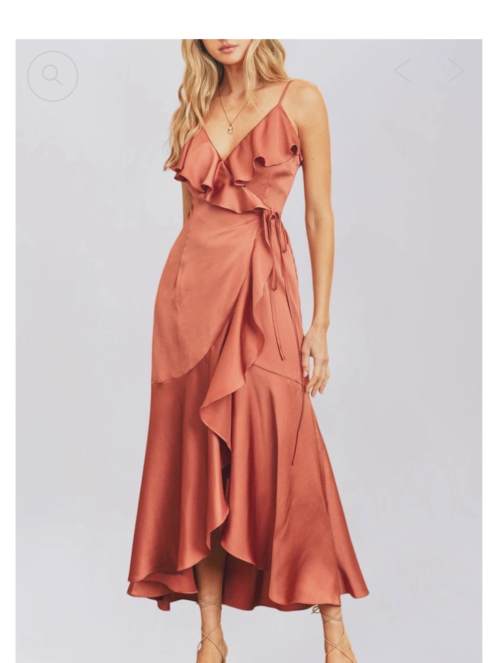 Dress Forum Large Wrap Midi Dress with Ruffle V-Neck in Burnt Copper